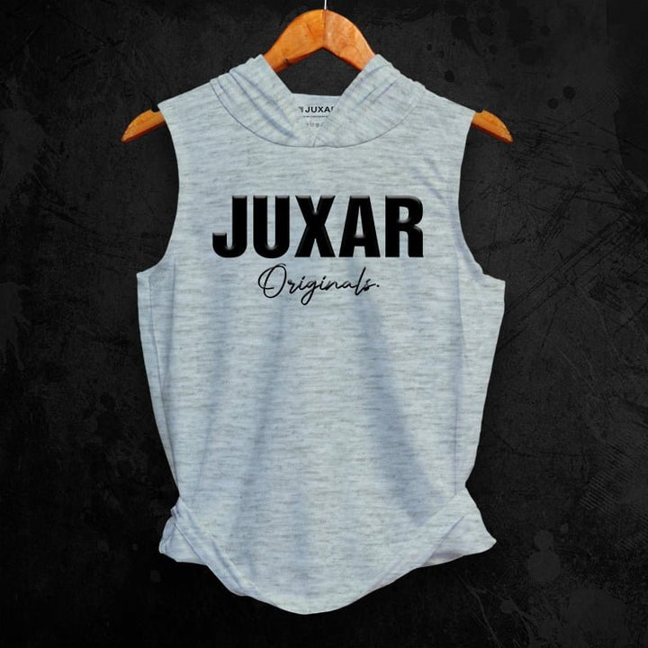 Juxar men's gym wear sleeveless light gray hooded tank top with black logo print