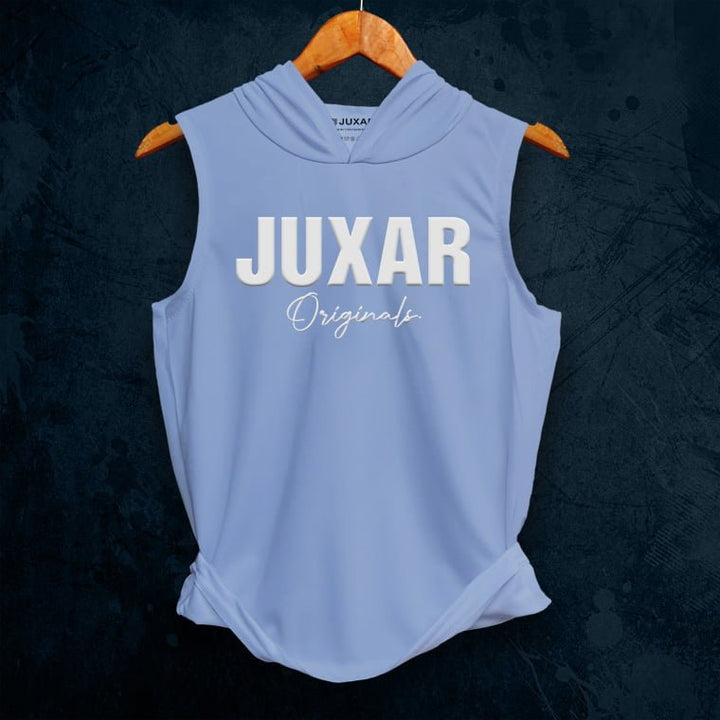 Juxar men's gym wear sleeveless light blue hoodie with bold white logo on front