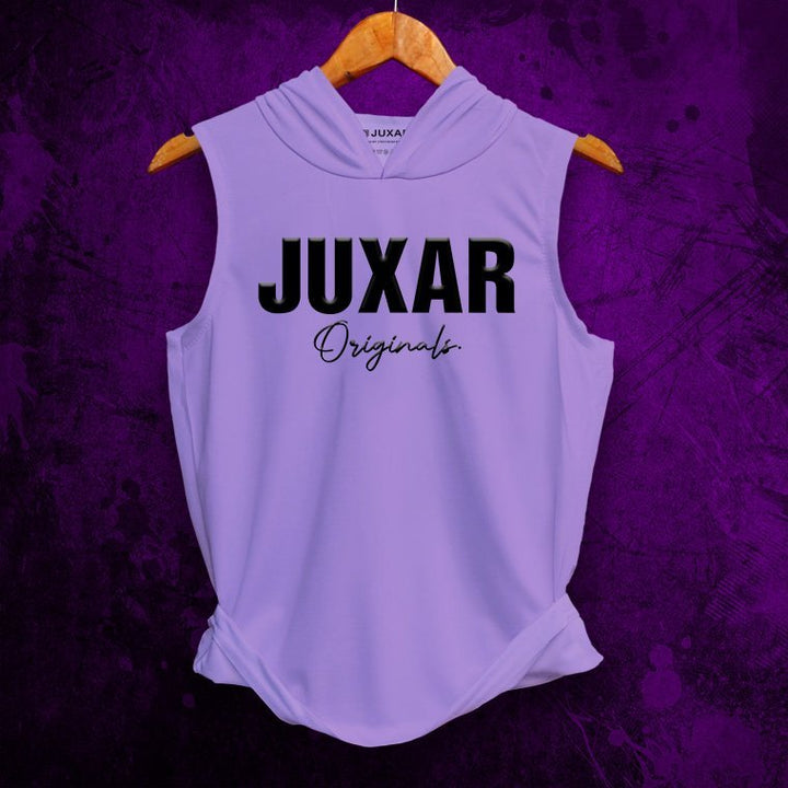 Juxar men's purple gym wear sleeveless hoodie with black logo on front hanging on wooden hanger