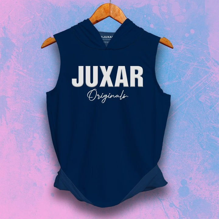 Juxar men's navy blue gym wear sleeveless hoodie with bold white logo on front