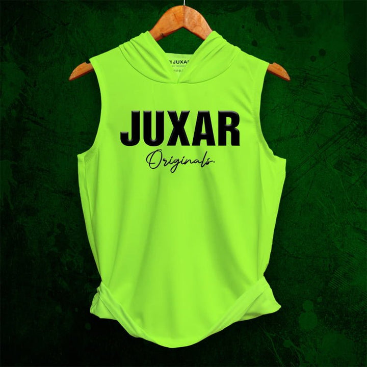 Juxar bright green men's gym wear sleeveless hoodie with black logo print