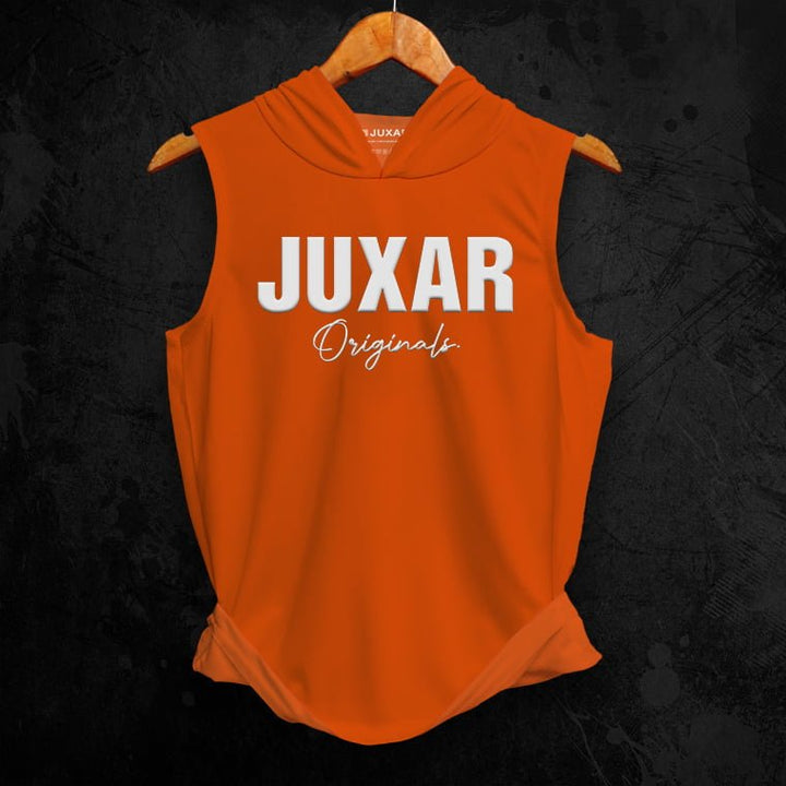 Juxar mens orange gym wear sleeveless hoodie with white logo print