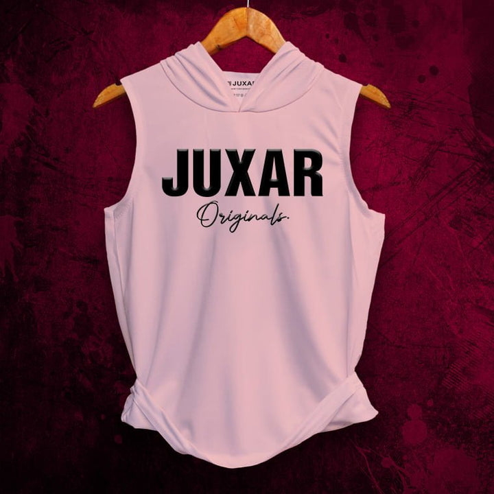 Juxar men's gym wear sleeveless hoodie in light pink with bold black logo front