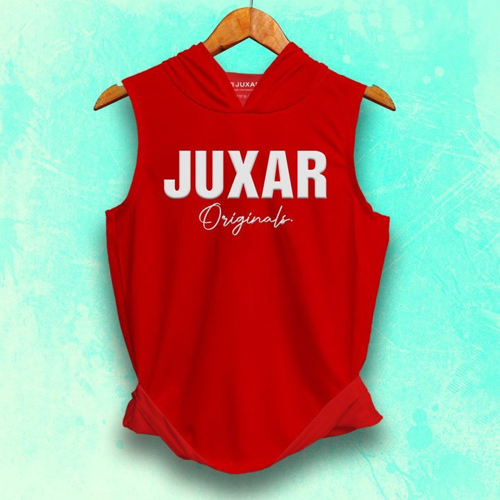 Juxar men's red gym wear sleeveless hoodie with JUXAR Originals logo on front