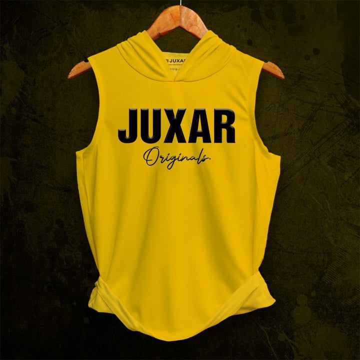 Juxar men's yellow gym wear sleeveless hoodie with black logo print hanging on wooden hanger