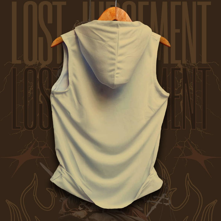 Back view of Juxar mens sleeveless GYM WORKOUT HOODIE SANDOS in light beige color on wooden hanger