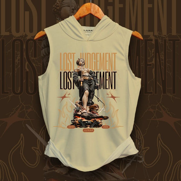 Juxar men's GYM WORKOUT HOODIE SANDOS sleeveless beige hoodie with Lost Judgement graphic print