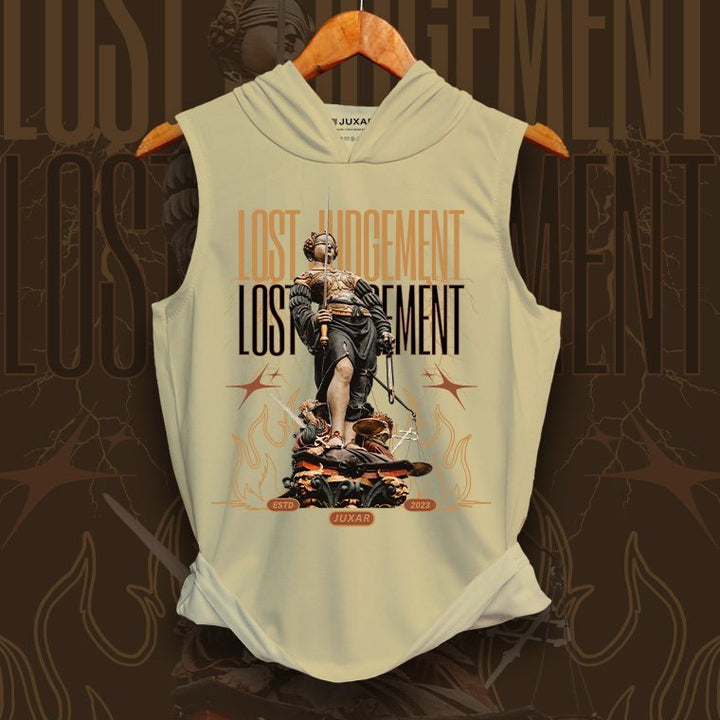 Juxar men's GYM WORKOUT HOODIE SANDOS sleeveless beige hoodie with Lost Judgement graphic print