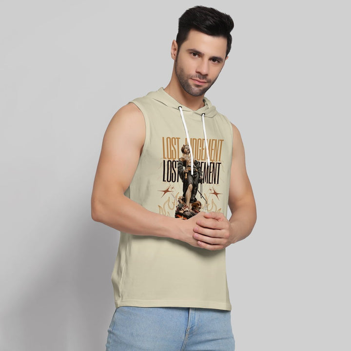 Juxar mens GYM WORKOUT HOODIE SANDOS sleeveless beige hoodie with graphic print and drawstring hood