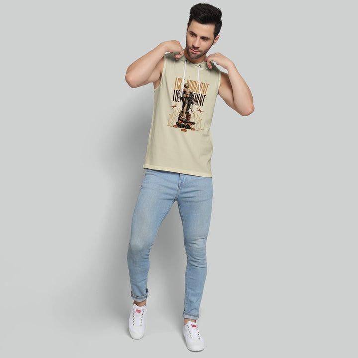 Juxar mens GYM WORKOUT HOODIE SANDOS sleeveless beige hoodie with graphic print worn with light blue jeans