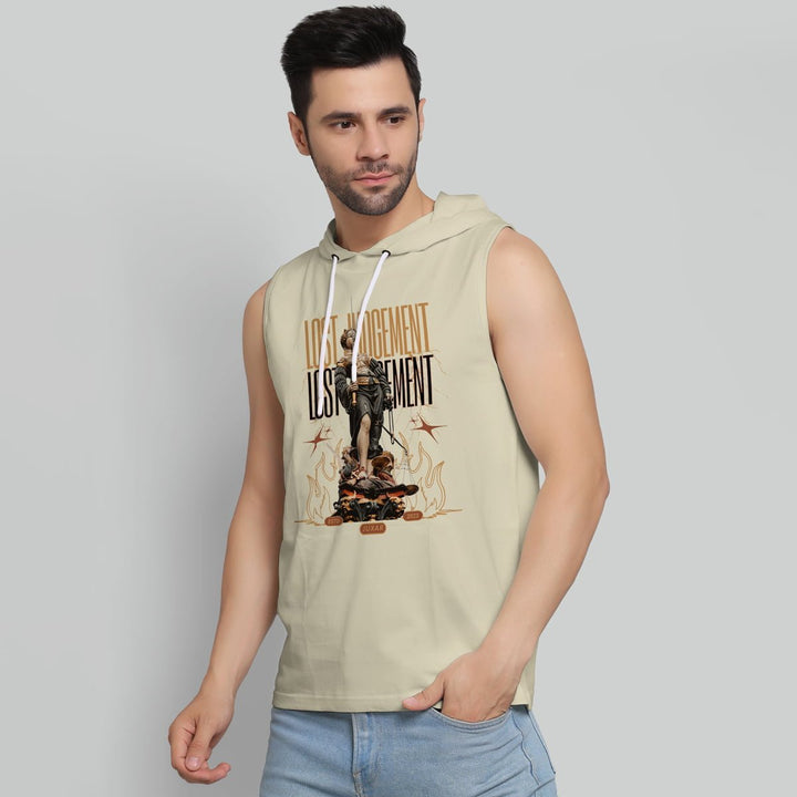 Juxar Mens GYM WORKOUT HOODIE SANDOS sleeveless beige muscle fit gym hoodie