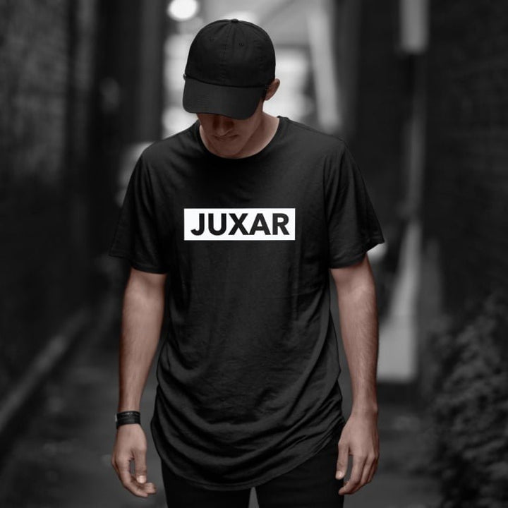 Juxar black half sleeve cotton longline tee with white logo crew neck relaxed fit on male model