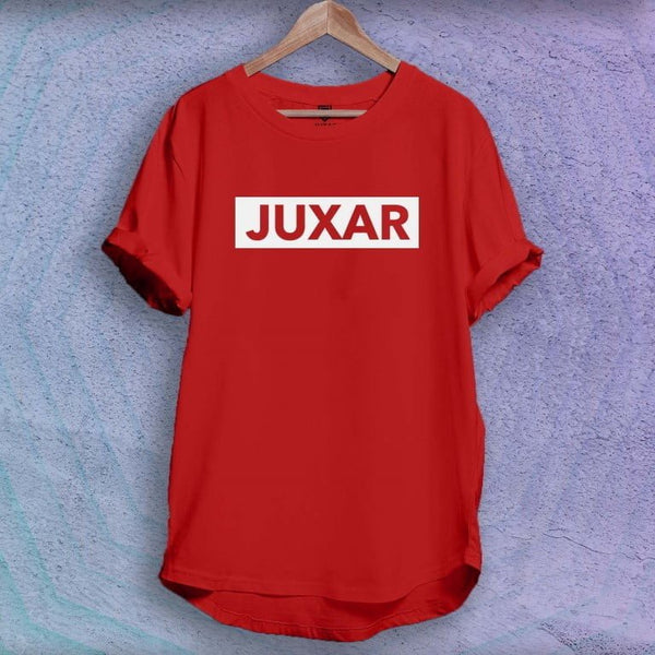 Juxar red half sleeve cotton longline tee with white logo print rolled sleeves and curved hem on hanger