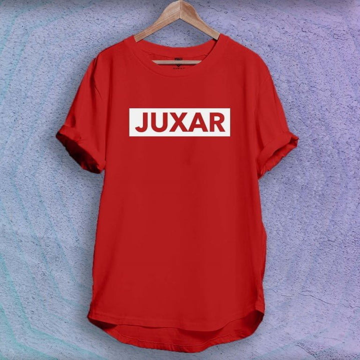 Juxar red half sleeve cotton longline tee with white logo print rolled sleeves and curved hem on hanger