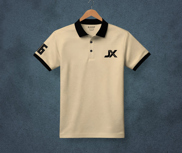 Juxar beige polo with black collar and sleeve cuffs JX logo with sleeve number 6 half sleeve cotton polo t shirt
