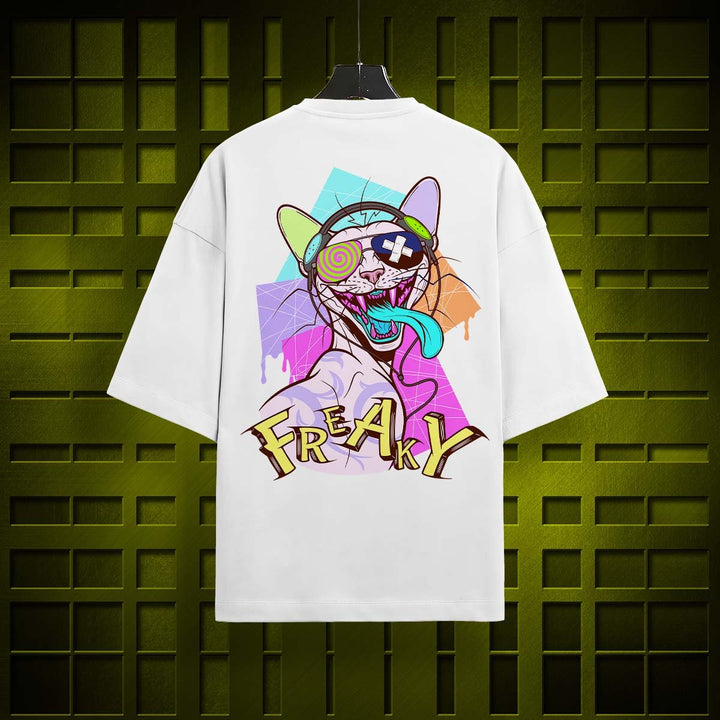 Juxar half sleeve oversized t-shirt in white with colorful graphic cat print and Freaky text on back