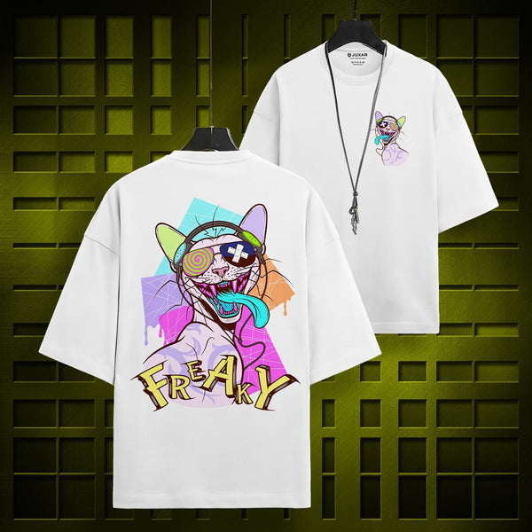 Juxar white half sleeve oversized t-shirt with colorful freaky cat graphic design front and back