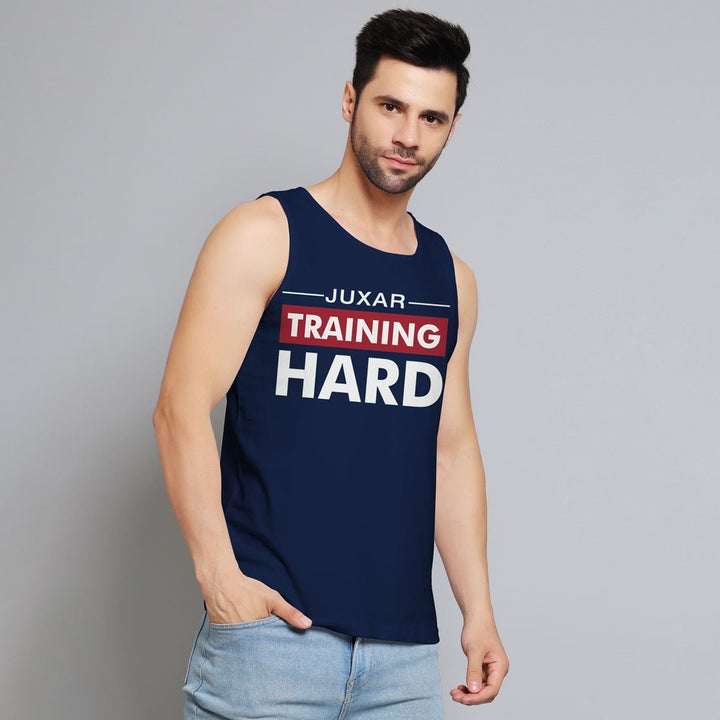 Juxar men's navy blue sleeveless tank top with training hard text symbolizing hard work to success