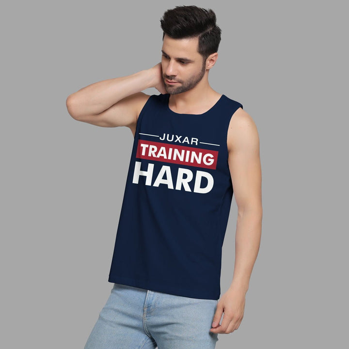 Juxar mens navy blue sleeveless training hard tank top symbolizing hard work to success