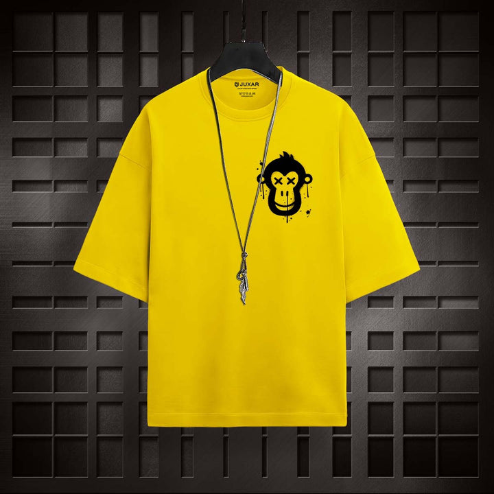 Juxar high-quality cotton oversized t-shirt in yellow with black monkey graphic and necklace accessory
