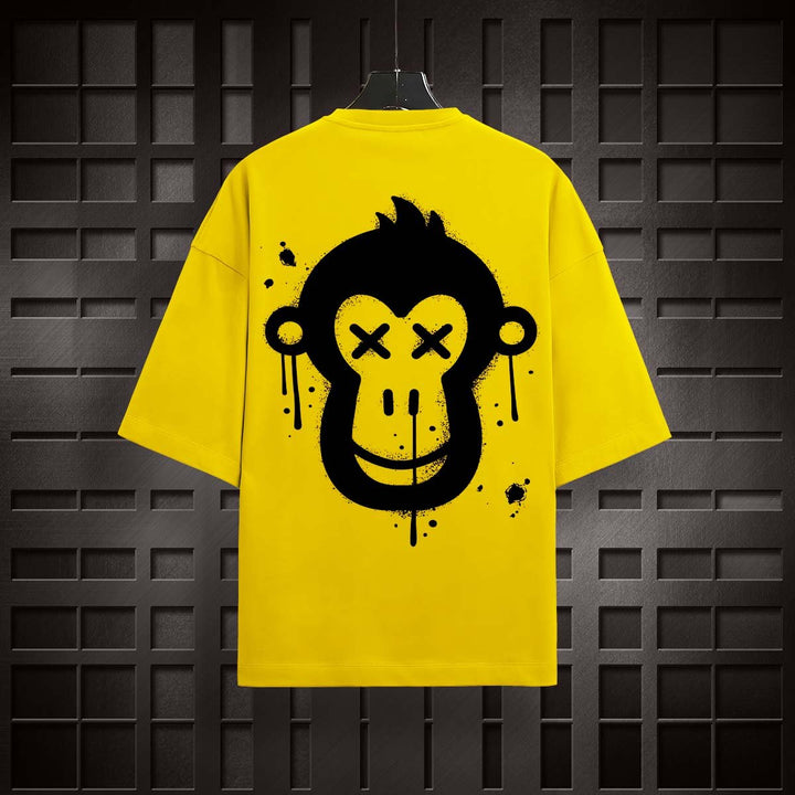 Juxar high-quality cotton oversized t-shirt in yellow with black graffiti monkey face graphic on back