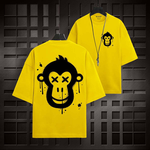 Juxar yellow high-quality cotton oversized t-shirt with black graffiti monkey print on front and back