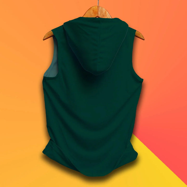 Juxar mens hooded sando in dark green displayed on wooden hanger against orange and yellow background