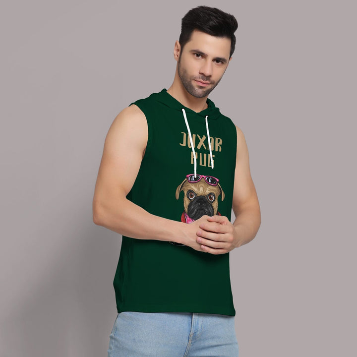Juxar mens green hooded sando with graphic dog print and drawstring hood