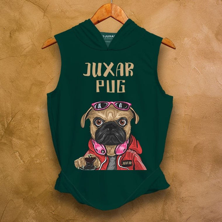 Juxar men's green hooded sando featuring a graphic pug wearing sunglasses and headphones