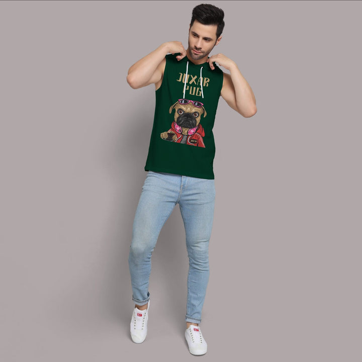Juxar mens green hooded sando with pug graphic paired with light blue jeans and white sneakers