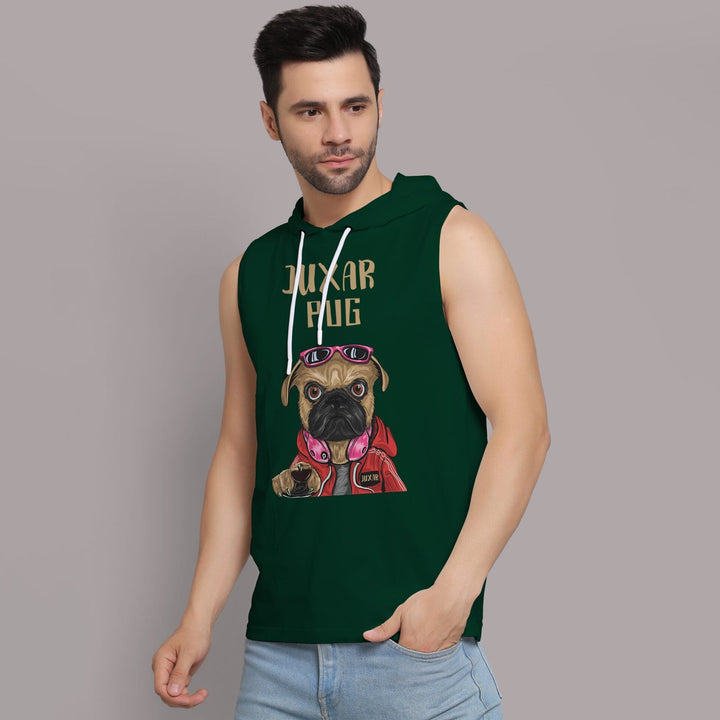 Juxar mens green hooded sando with pug graphic print and sleeveless design
