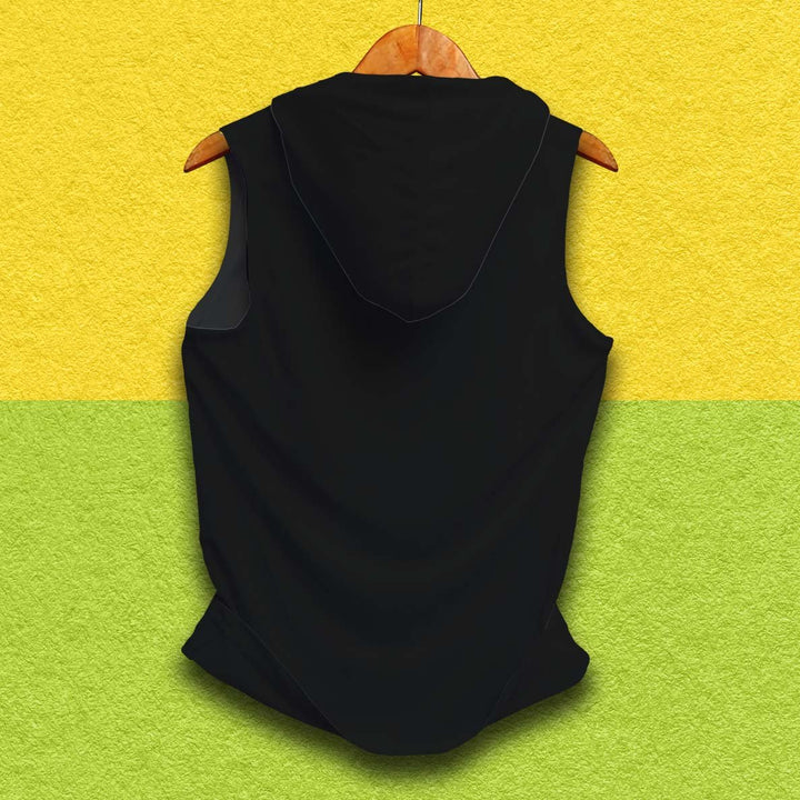Juxar men's black sleeveless hoodie sando with hood hanging on wooden hanger