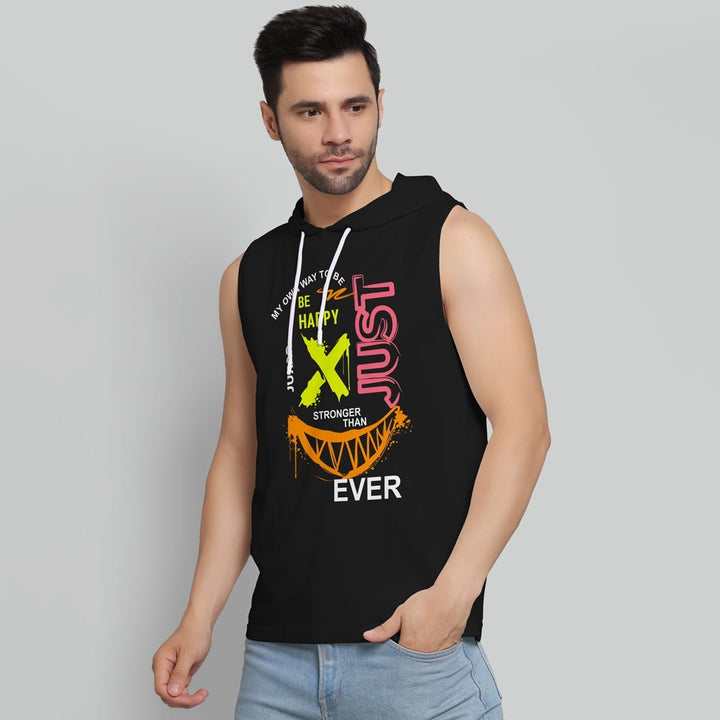 Juxar mens black sleeveless hoodie sando with colorful graphic print and drawstring hood