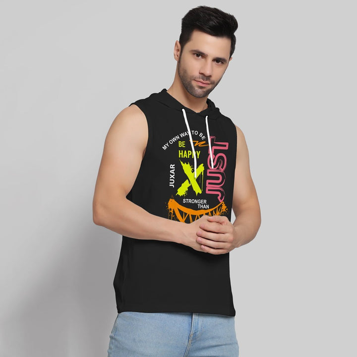 Juxar men's black sleeveless hoodie sando with colorful graphic print and drawstring hood