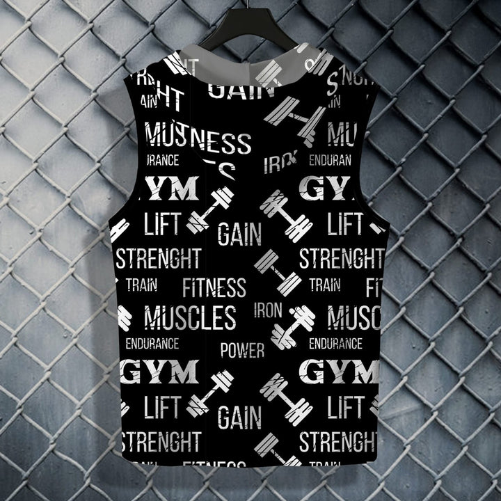Juxar black sleeveless hoodie sando for men with white gym and fitness text print