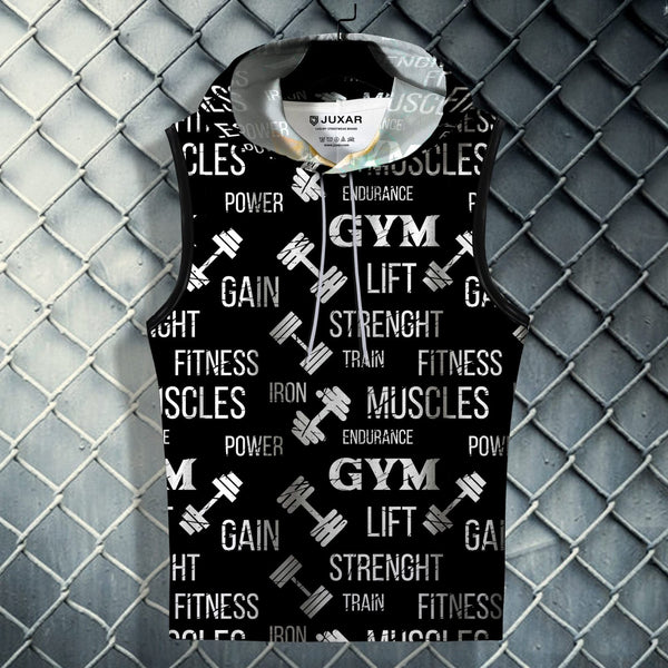 Juxar black sleeveless gym hoodie sando for men with fitness and muscle print design