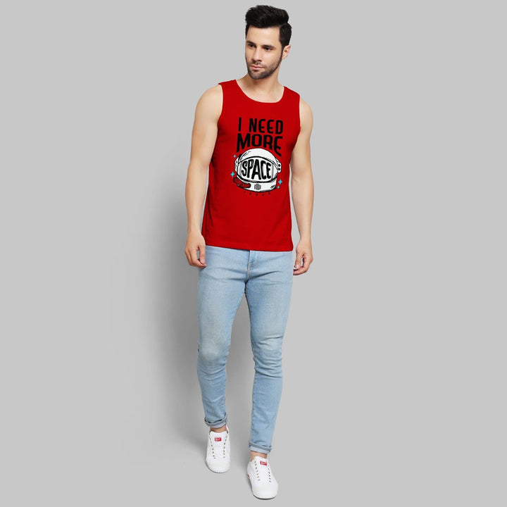 Juxar influencer approved men's vest in red with I Need More Space print worn with light blue jeans
