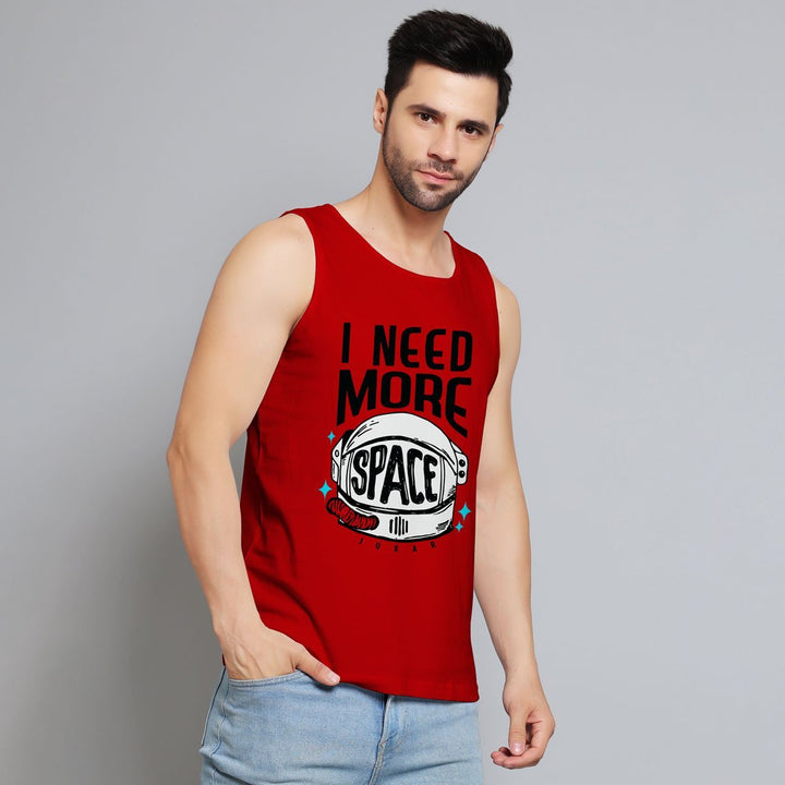 Juxar influencer approved men's vest in red with I Need More Space graphic worn by male model