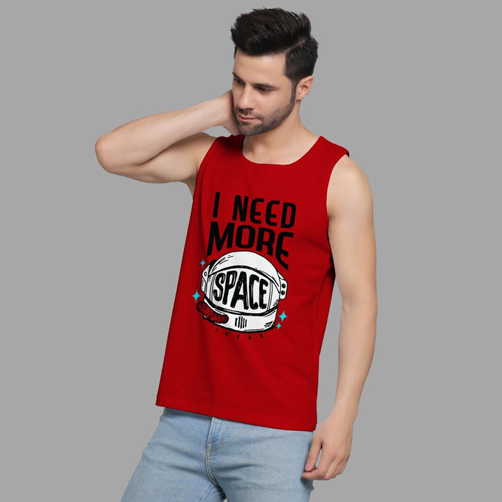 Juxar influencer approved men's vest in red with space helmet graphic and I need more space text