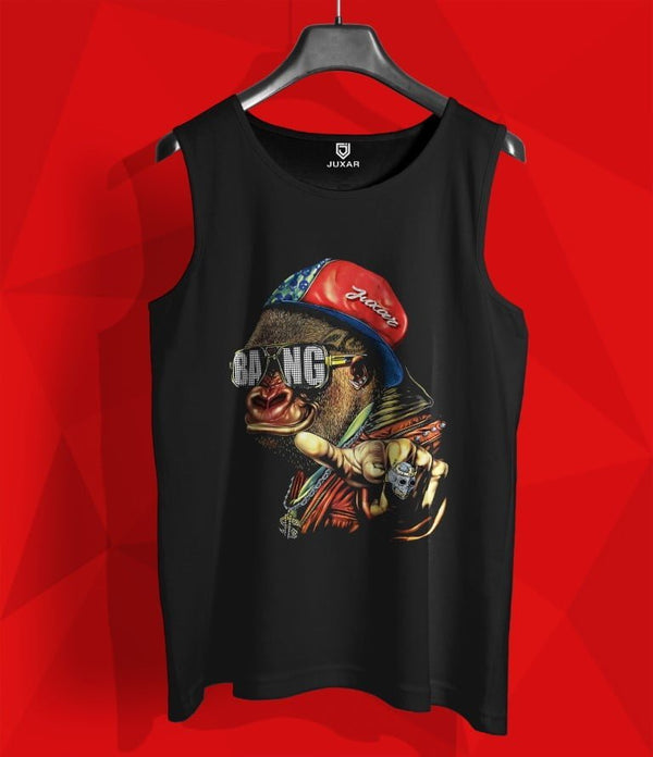 Juxar men’s black influencer style sando with colorful graphic of a fish wearing a red cap and sunglasses