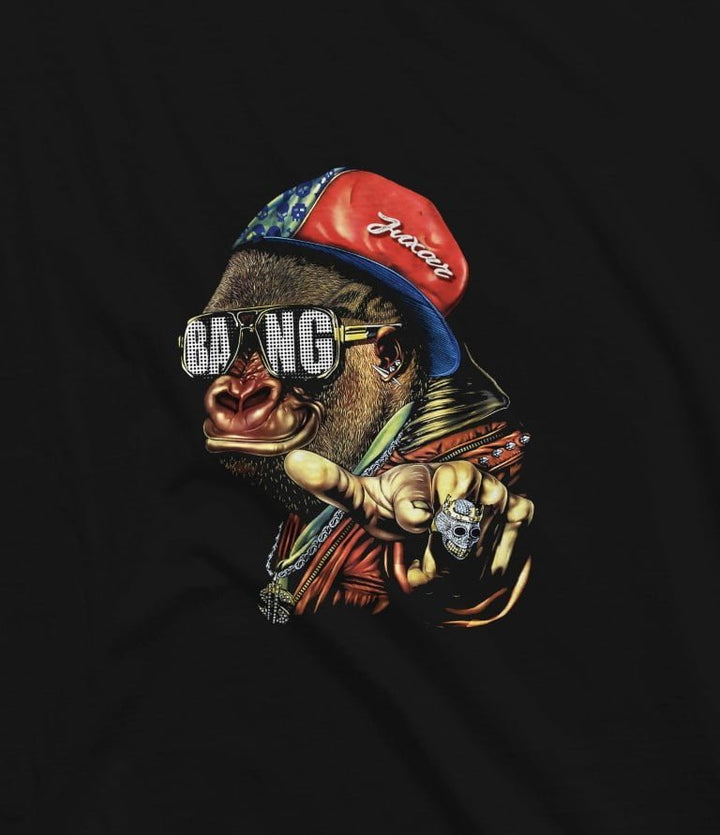 Juxar men's black shirt featuring influencer style sando graphic of a gorilla with bang sunglasses and red hat