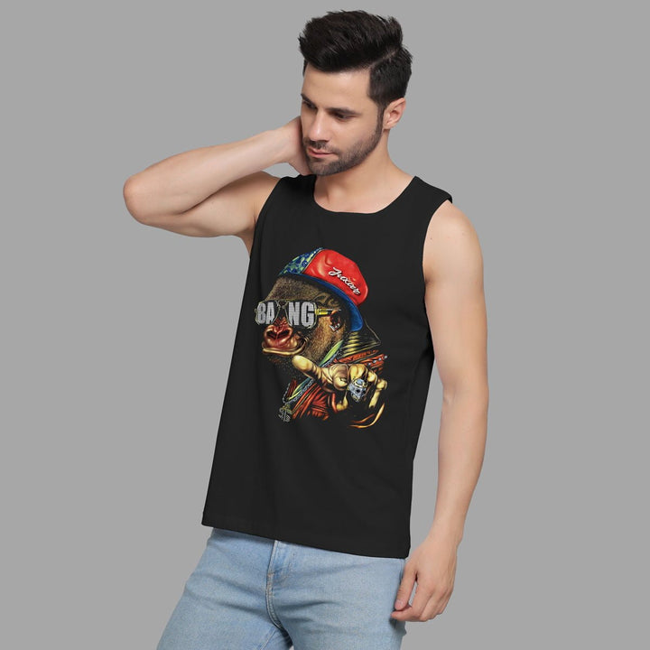 Juxar mens black influencer style sando with colorful graphic print worn with light blue jeans