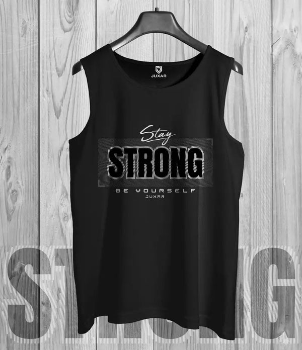 Juxar black sleeveless tank top with Stay Strong motivational print inspirational activewear for men