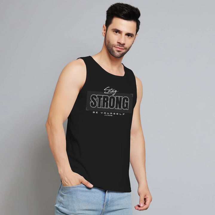 Juxar men's black tank top with Stay Strong print inspirational activewear for men