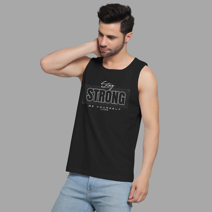 Juxar black sleeveless tank top with Stay Strong text inspirational activewear for men