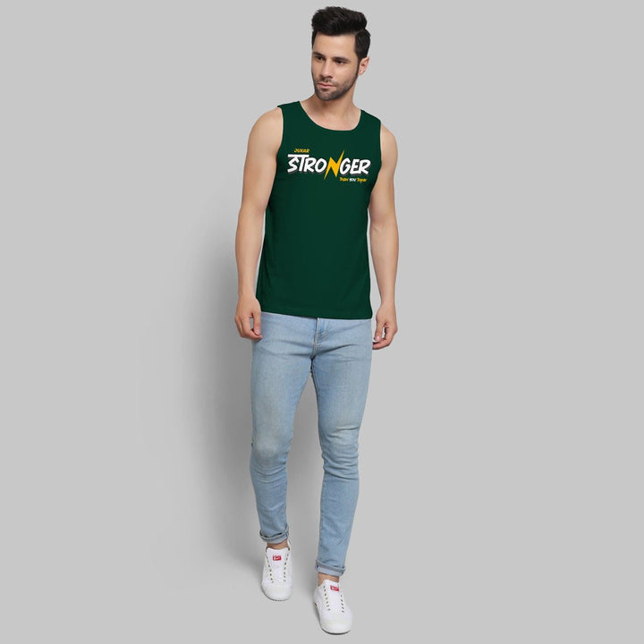 Juxar men's green tank top with stronger print paired with light blue jeans inspirational athletic wear