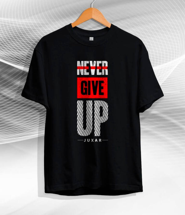 Juxar black inspirational quote t-shirt with Never Give Up graphic print on front