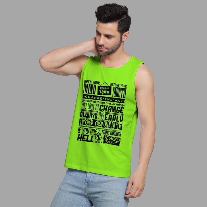 Juxar men's bright green inspirational quote workout sando with motivational black text design