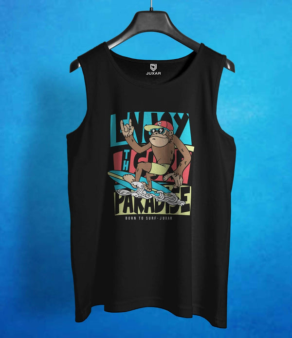 Juxar mens black instagram shop vest with surfing monkey graphic print