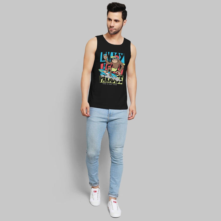 Juxar mens black graphic sleeveless instagram shop vest paired with light blue jeans and white sneakers